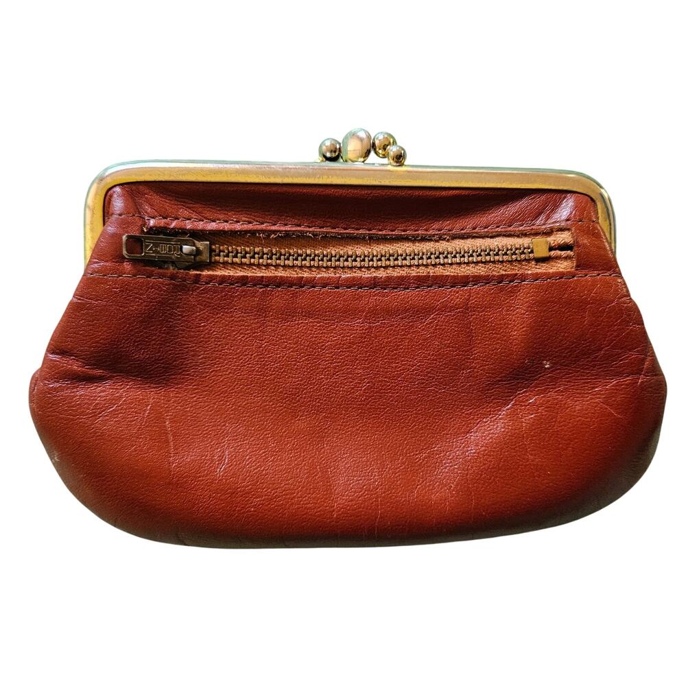 Vintage Brown Leather Coin Purse Kiss Lock Clasp Small Pouch Wallet Retro
